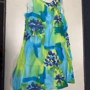 Floral Watercolor Sleeveless Sundress in Blue & Lime